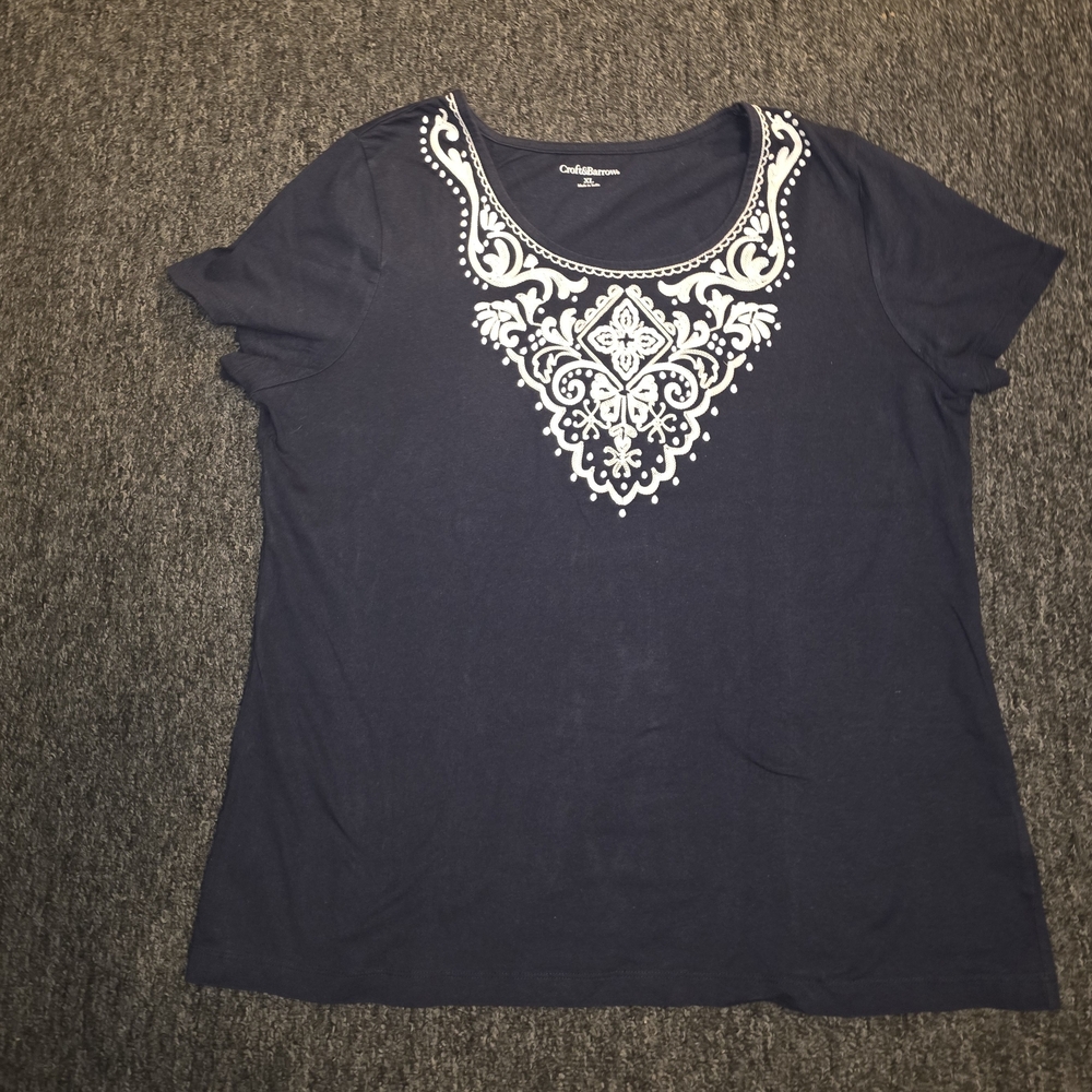Croft & Barrow Navy Top with White Embroidery